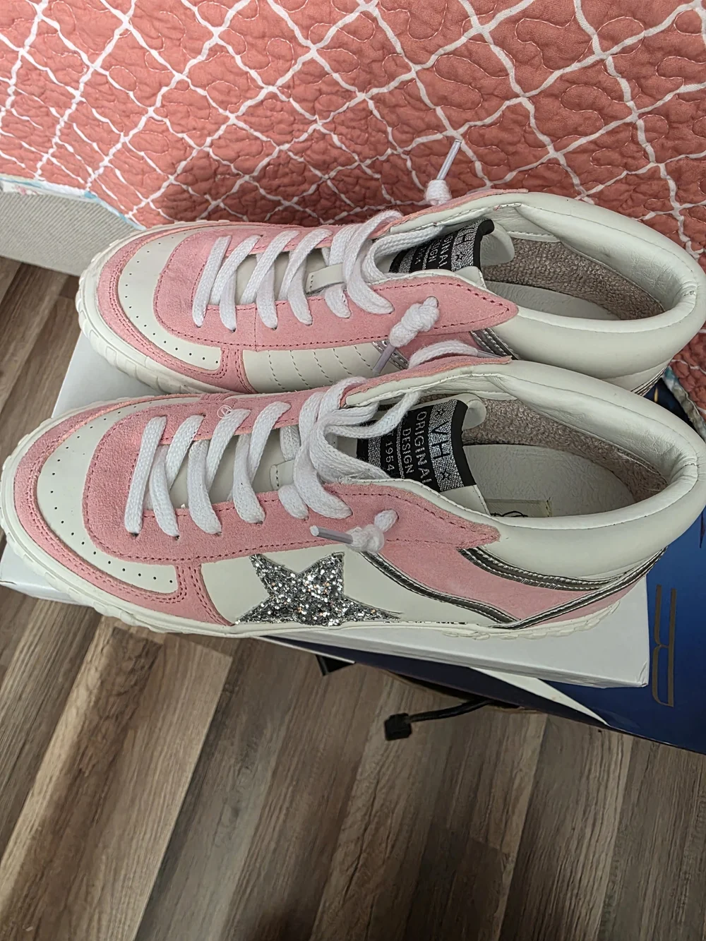 Vintage Havana Women’s Pink & White High-Top Sneakers with Silver Star Accent